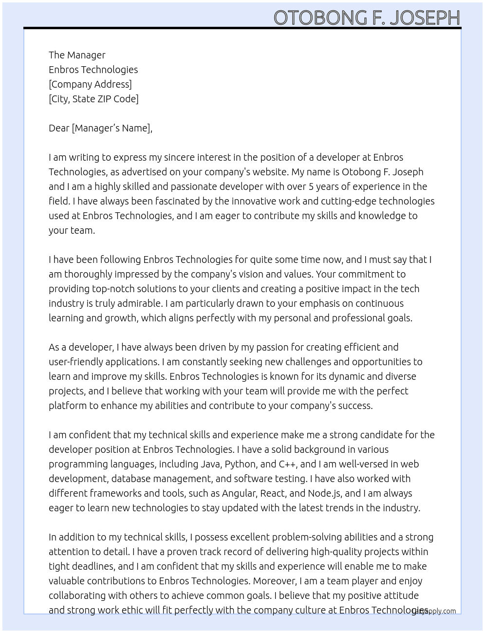 developers At Enbros Technologies Cover Letter