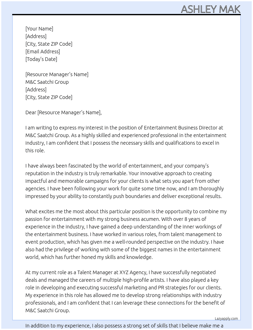 Entertainment Business Director At M&C Saatchi Group Cover Letter