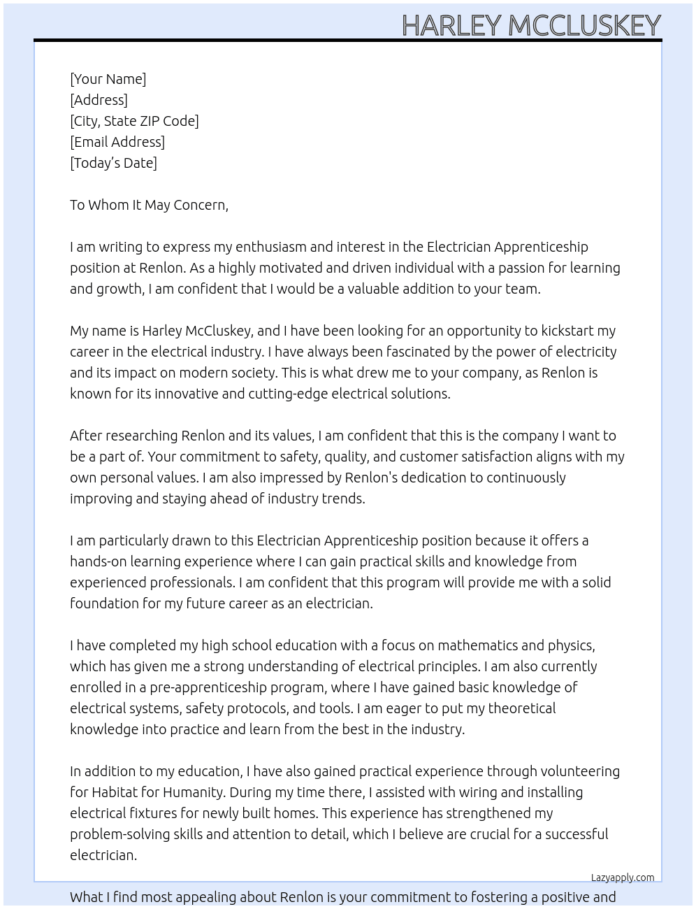Electrician Apprenticeship  At Renlon Cover Letter