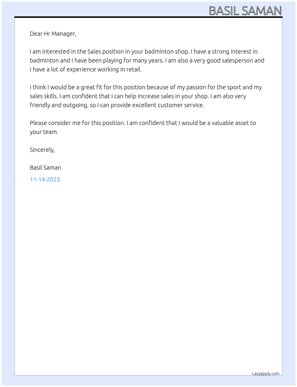 Sales in badminton shop At Racket shop Cover Letter
