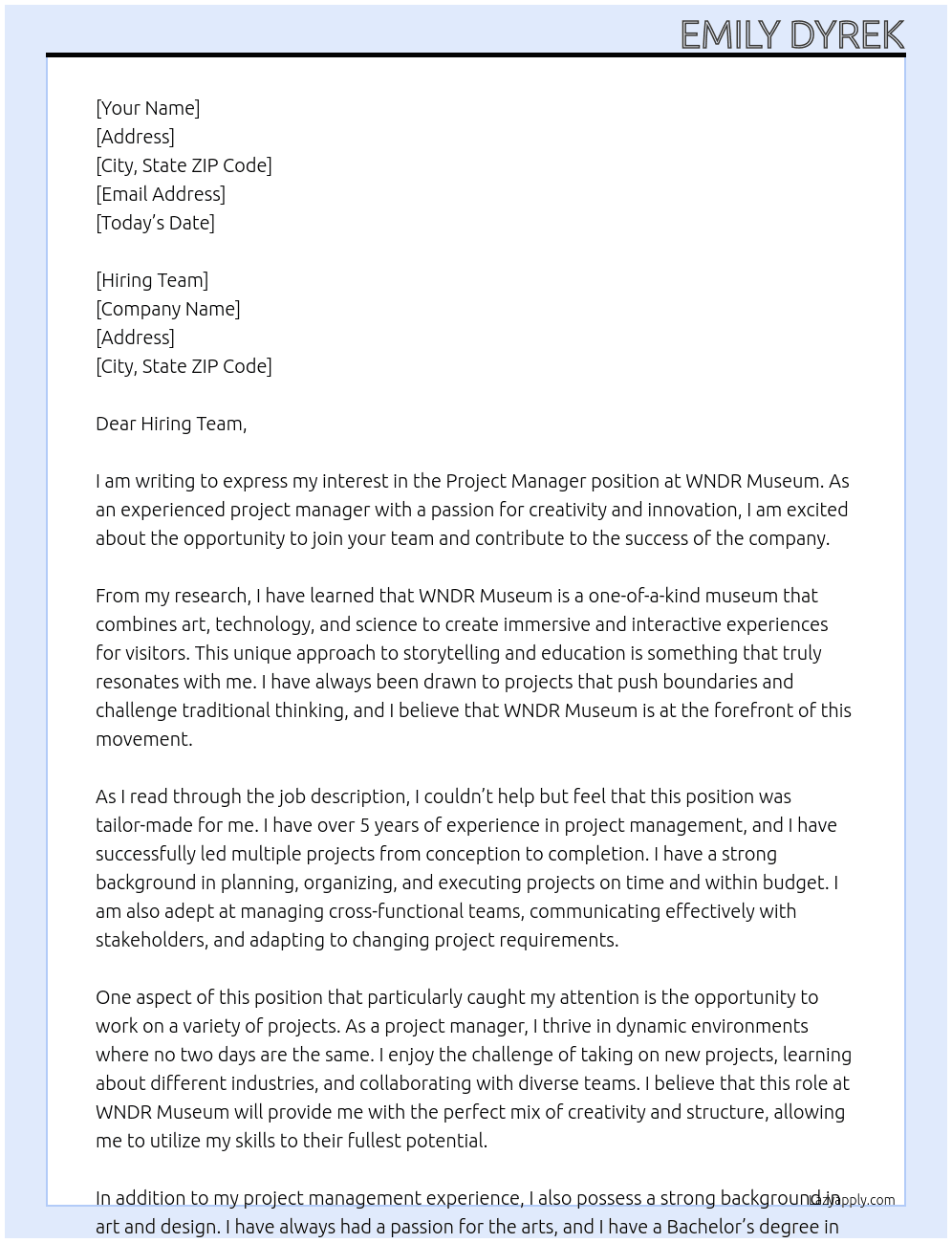 Project Manager At WNDR Museum Cover Letter