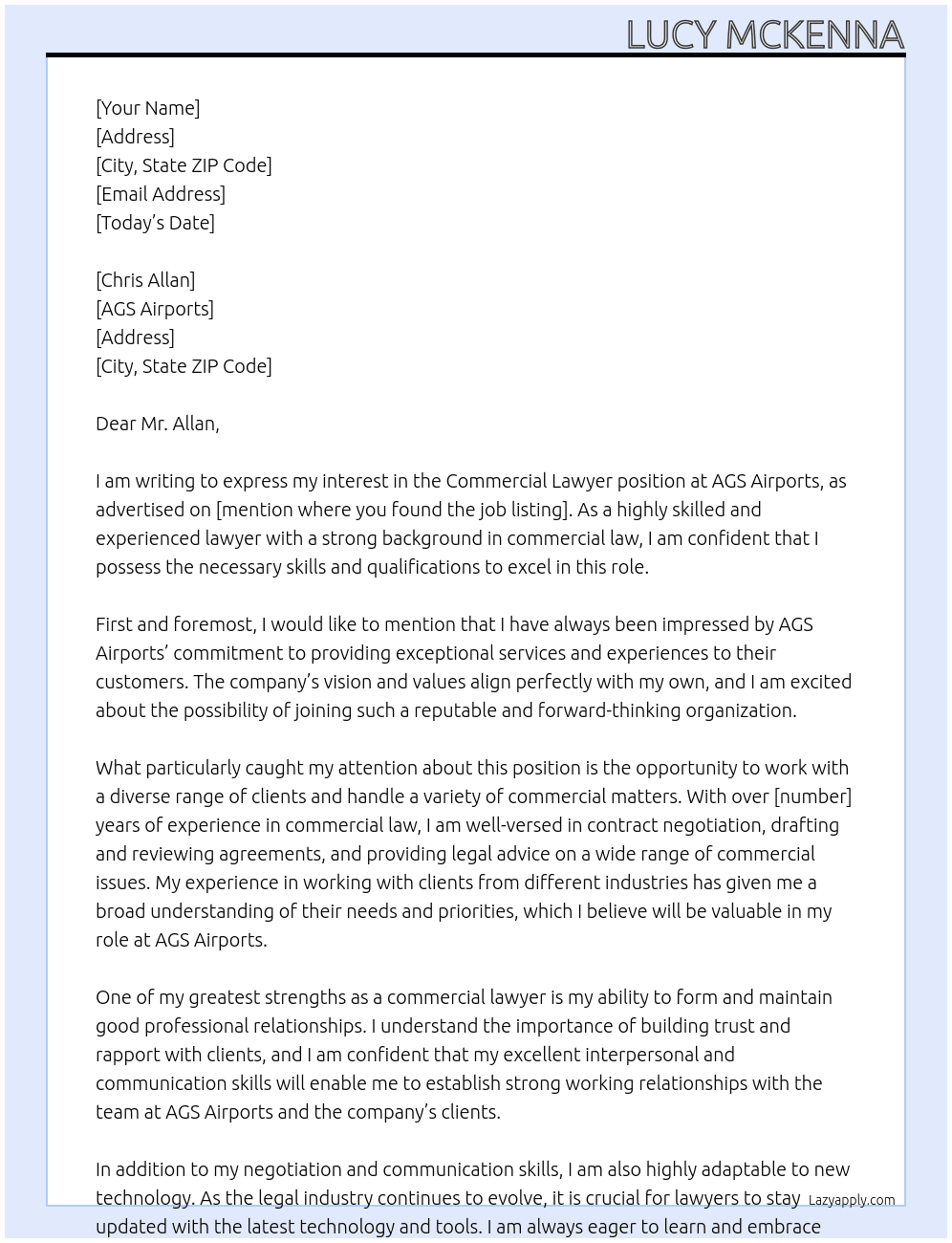 Commercial Lawyer  At AGS Airports Cover Letter