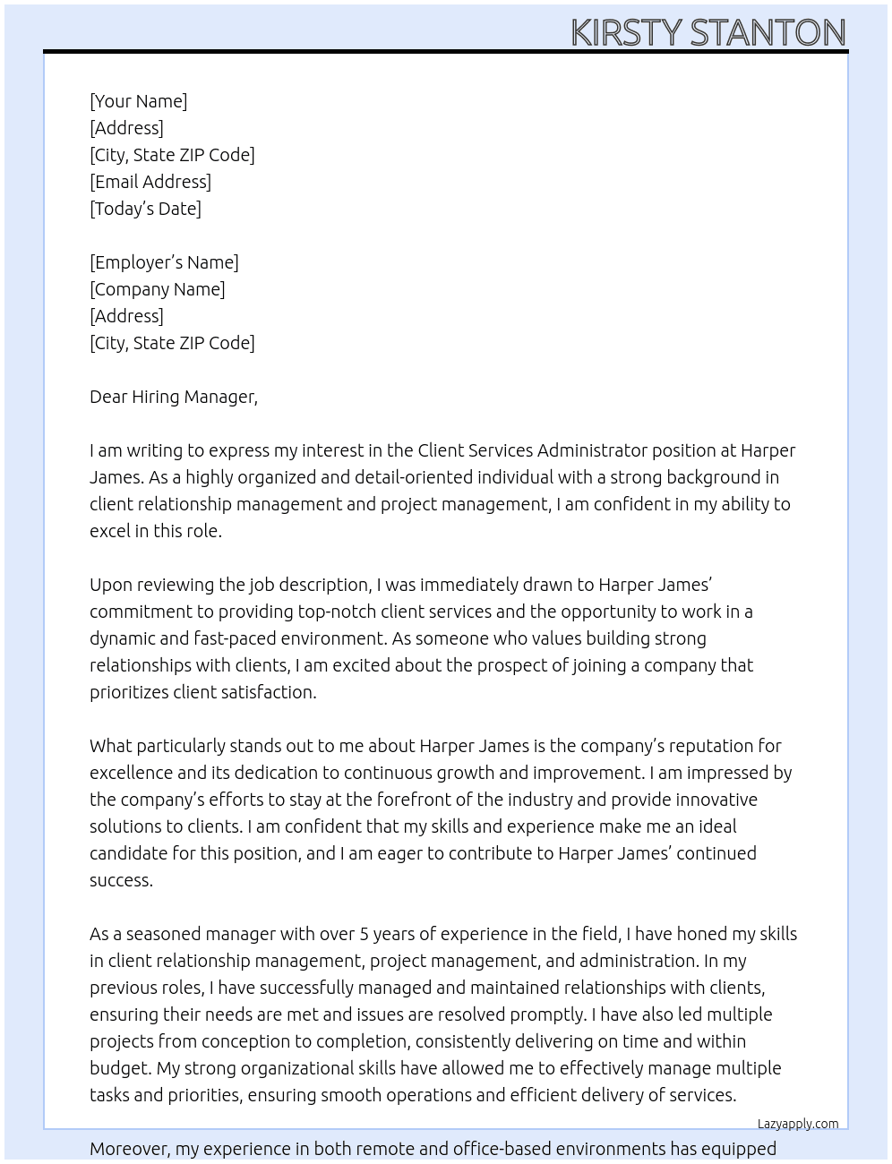 Client services administrator  At Harper james Cover Letter