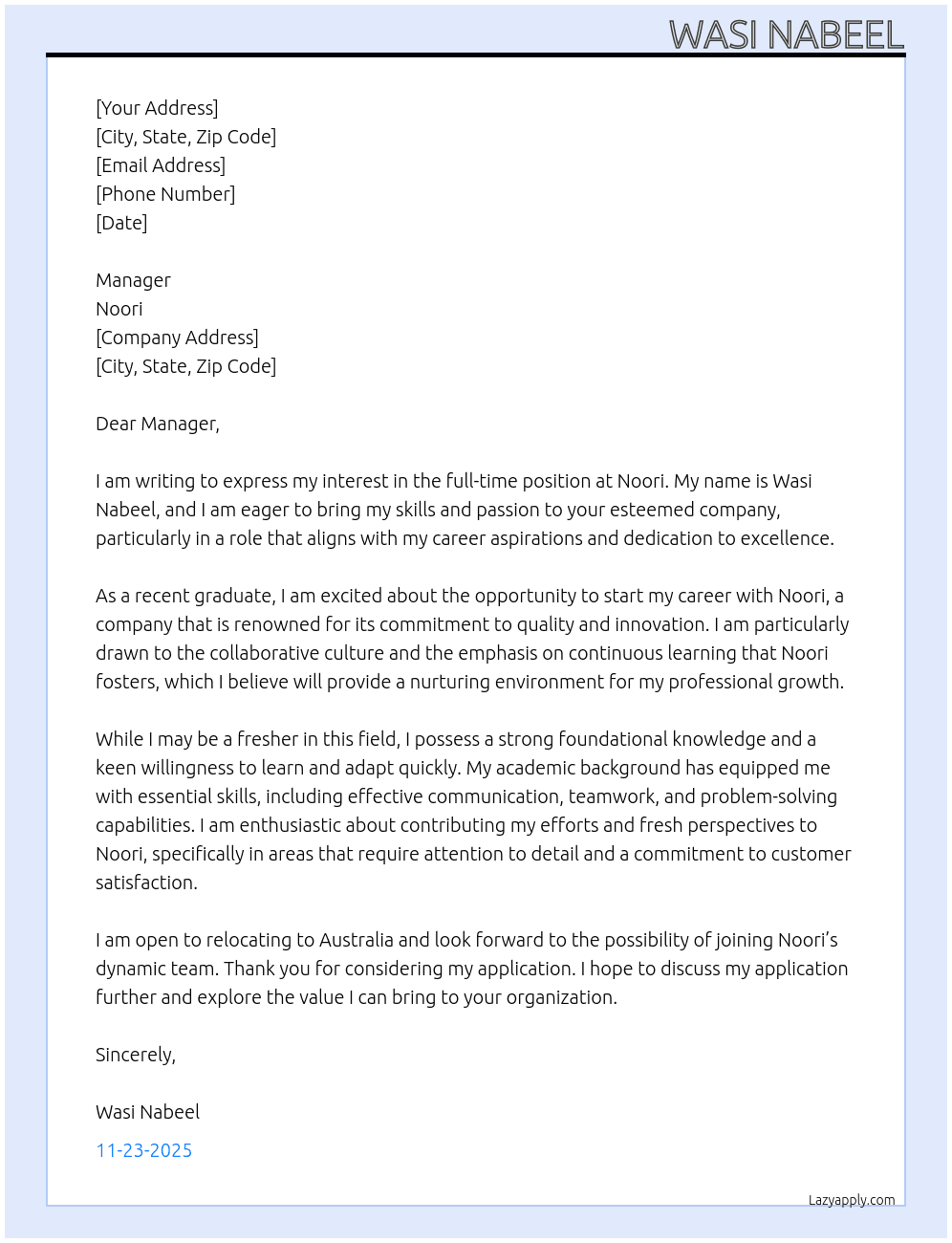 Company  At Noori  Cover Letter