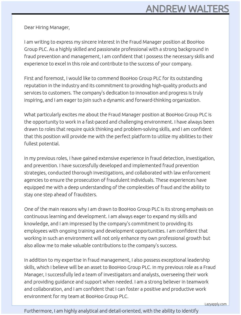 Fraud Manager At BooHoo Group PLC Cover Letter