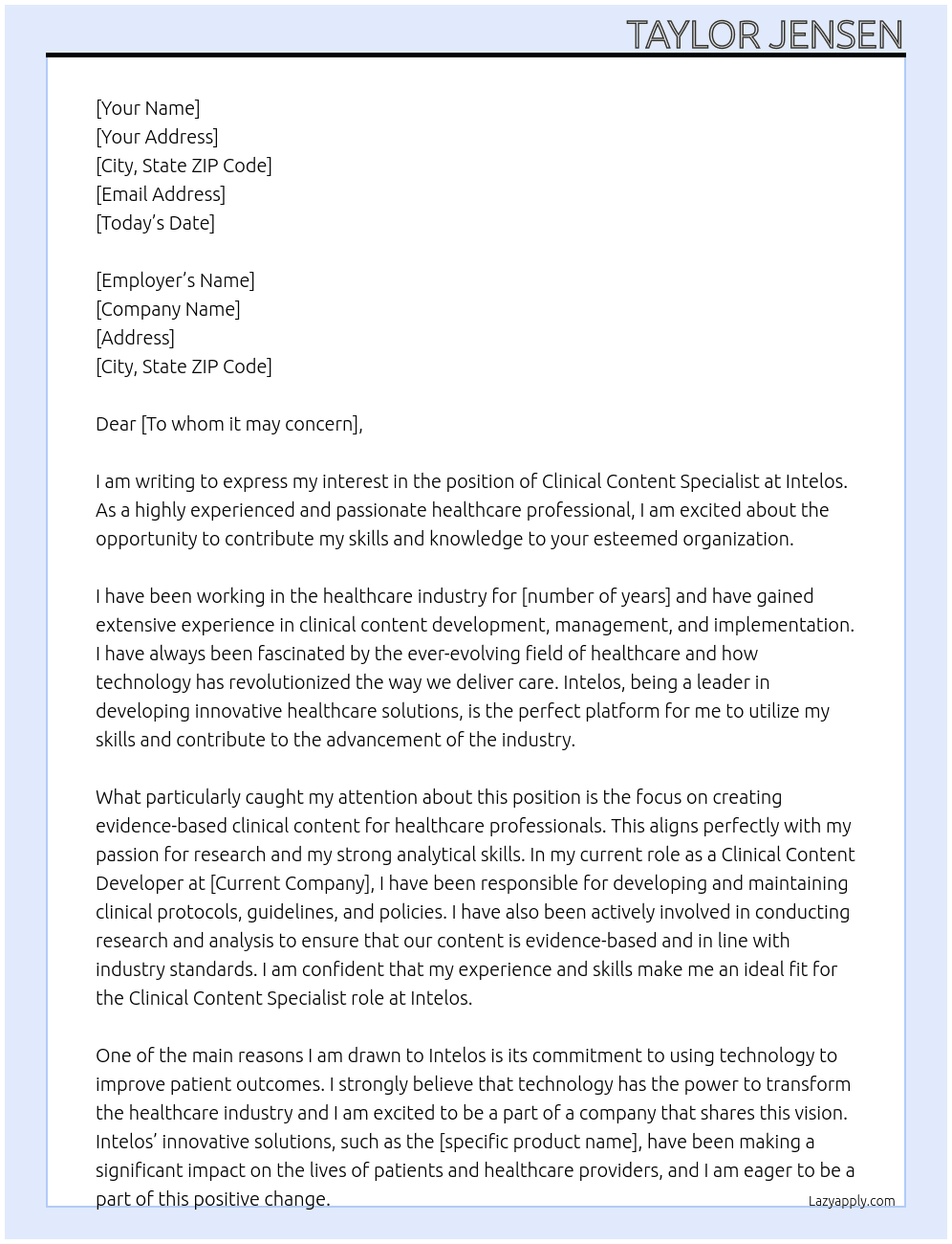 Clinical Content Specialist At Intelos Cover Letter