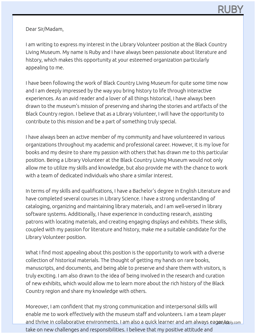 library volunteer At black country living museum Cover Letter