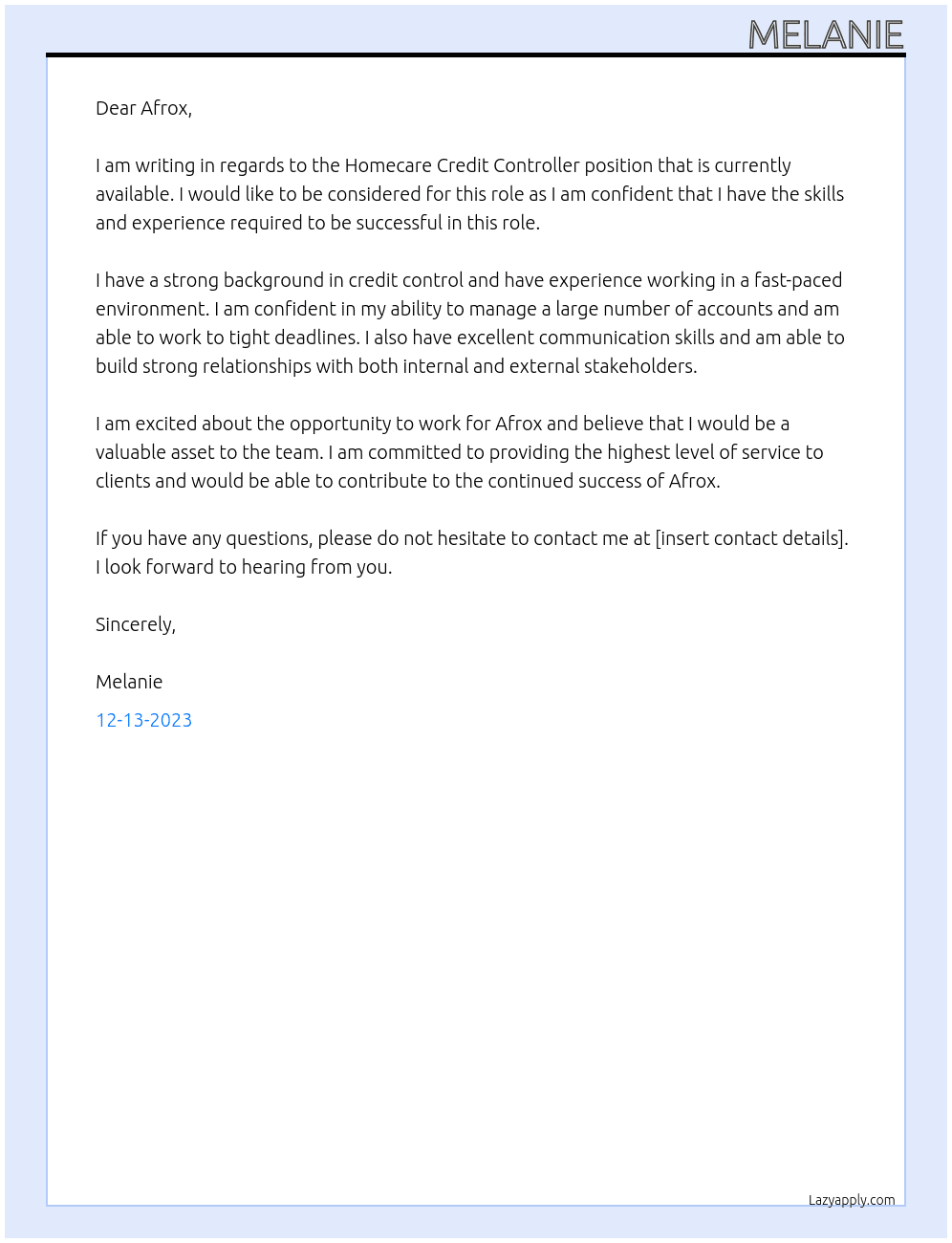 Homecare Credit Controller At Afrox Cover Letter