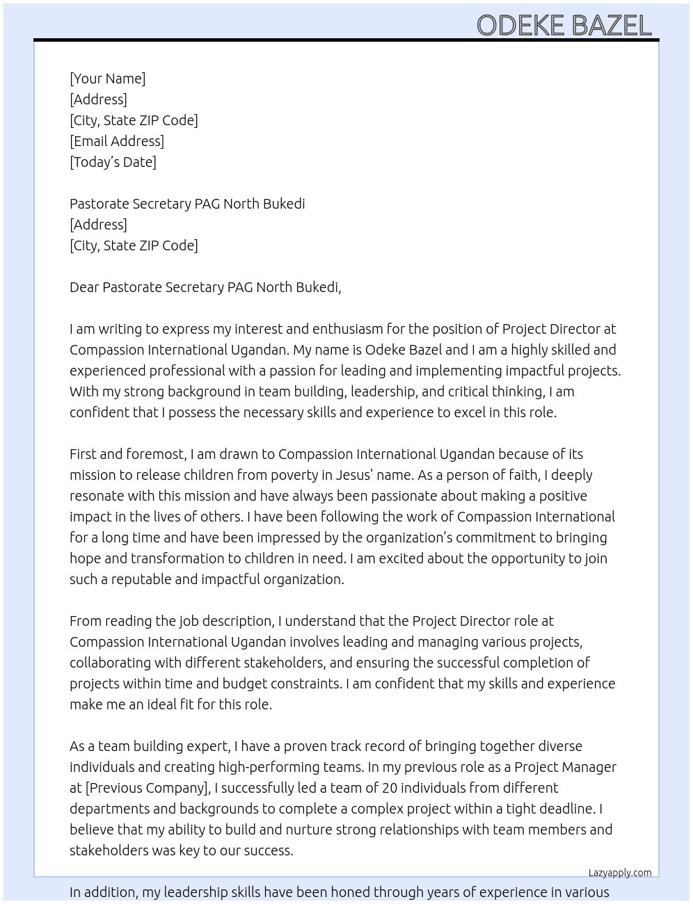Project Director  At Compassion International Ugandan Cover Letter