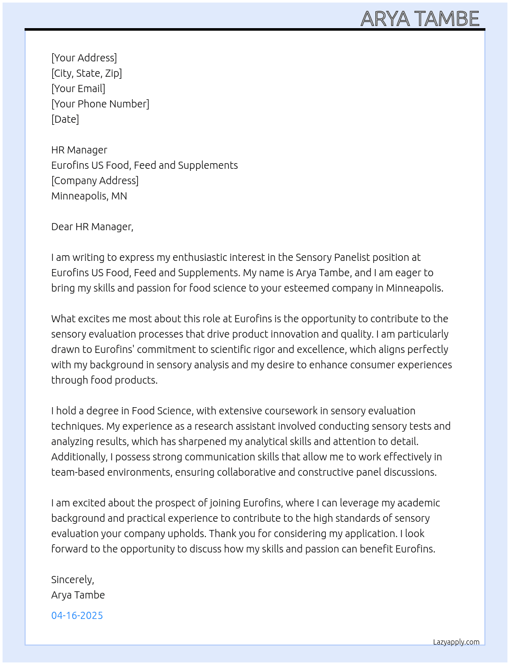Cover letter for sensory panelists - LazyApply