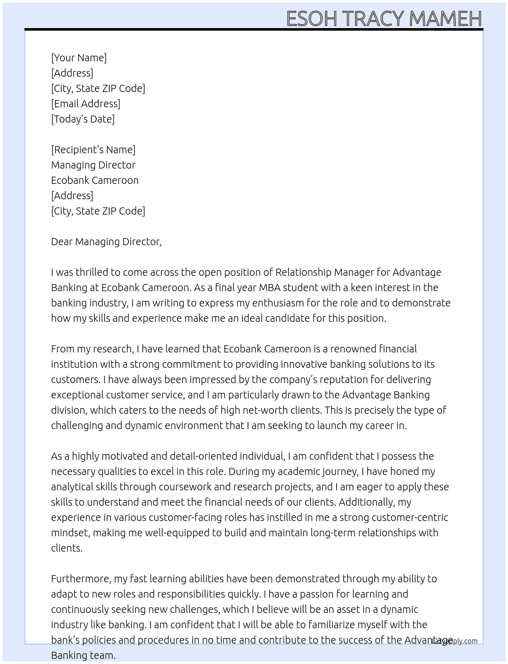 Relationship Manager, Advantage Banking At Ecobank Cameroon Cover Letter