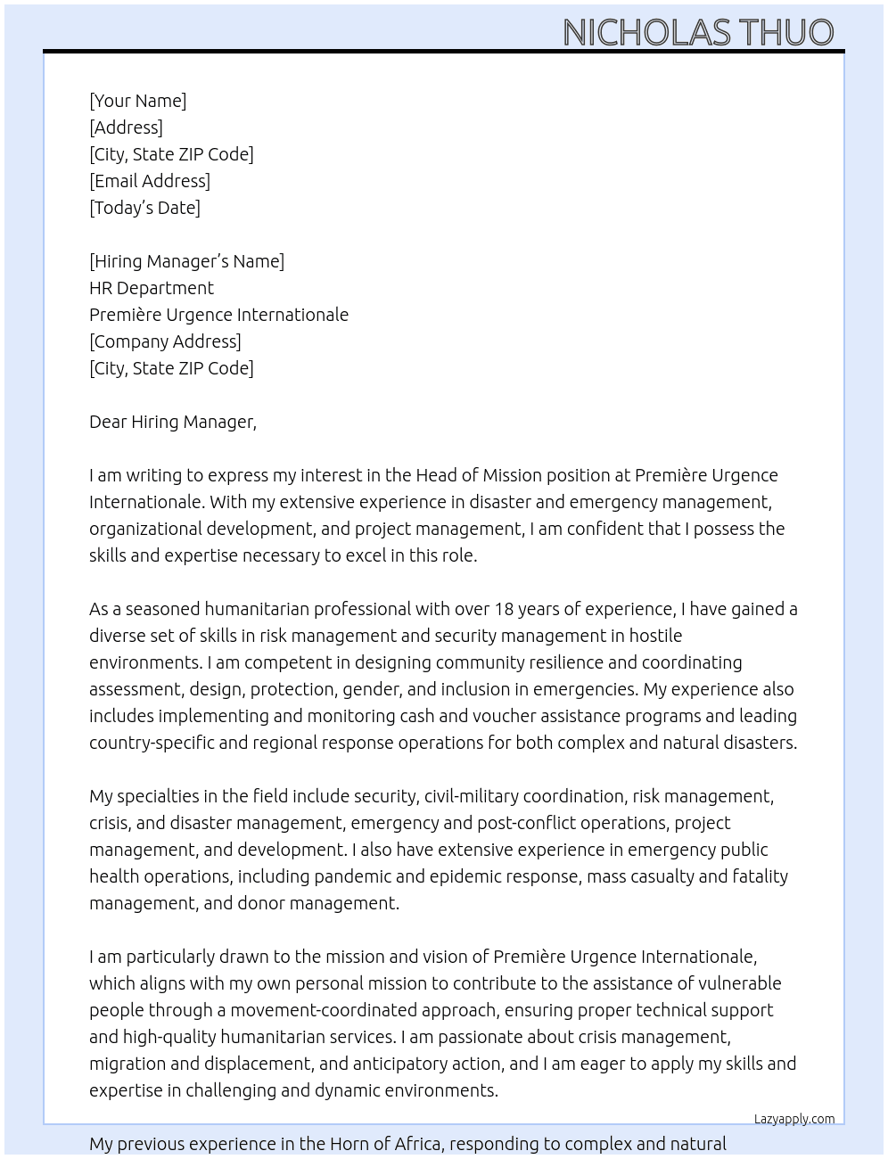 Head of Mission At Première Urgence Internationale Cover Letter