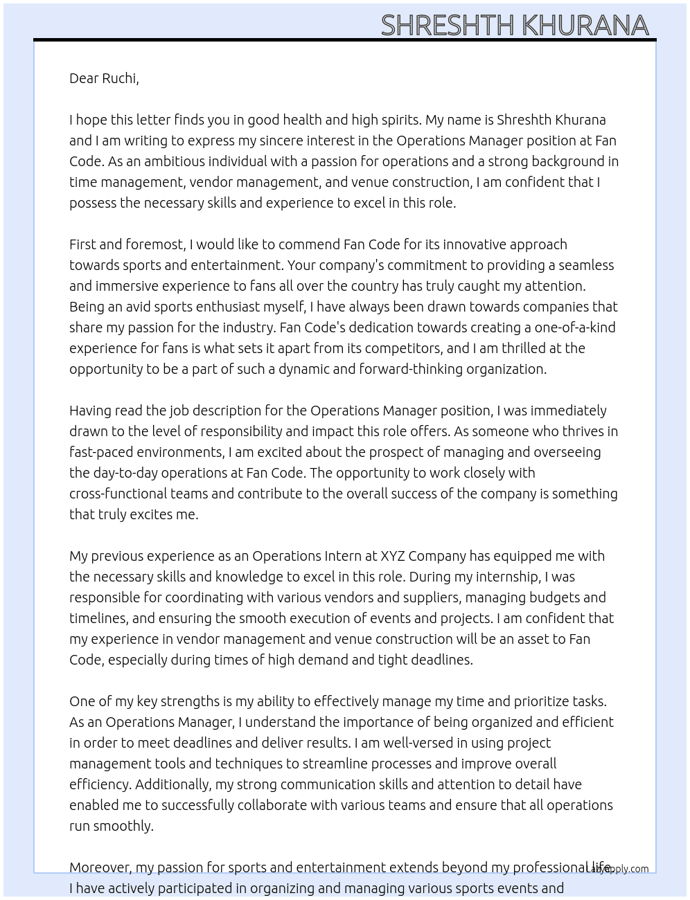 operations manager At fan code Cover Letter