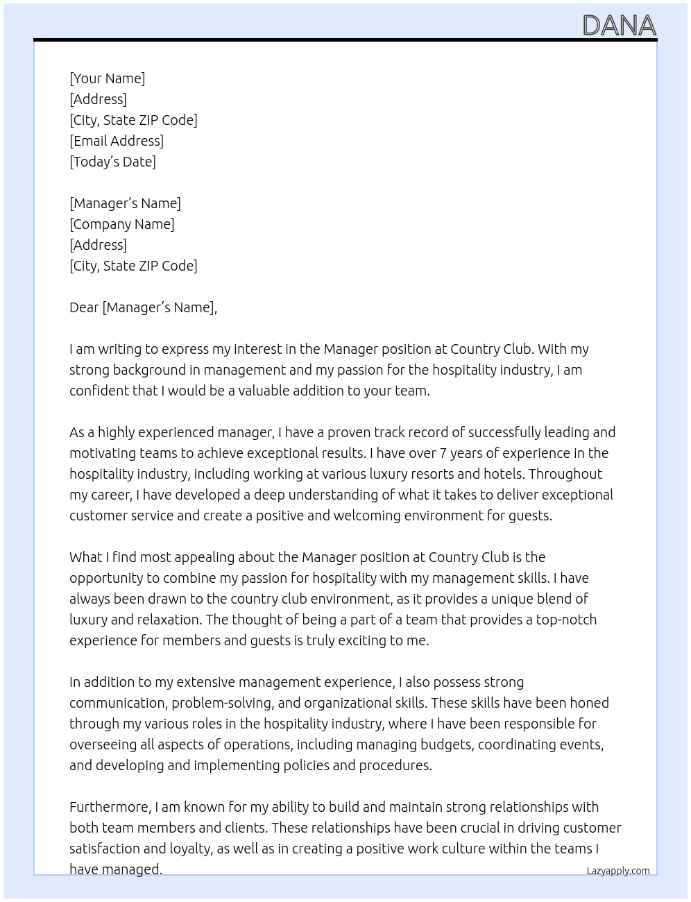 manager At country club Cover Letter