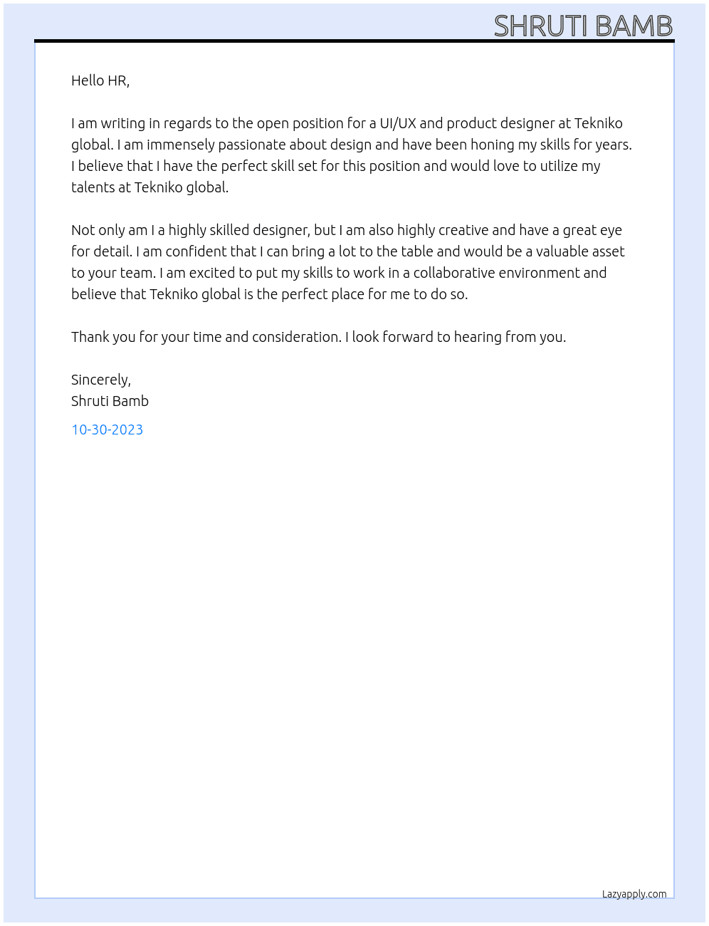 ui ux and product designer At Tekniko global Cover Letter