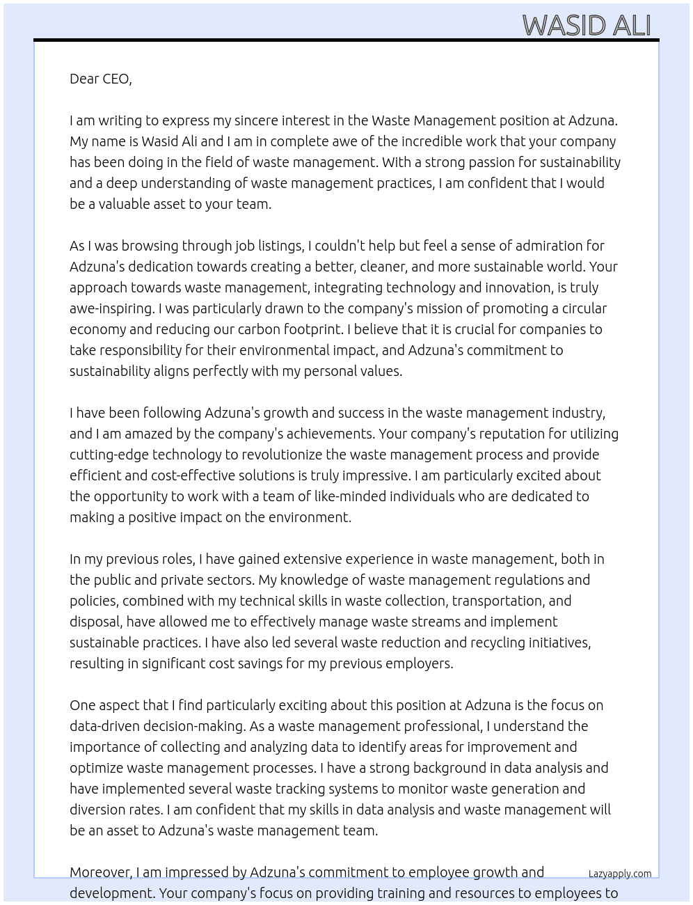 Waste management At adzuna Cover Letter