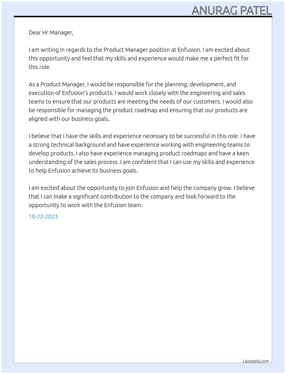 Product Manager At Enfusion Cover Letter
