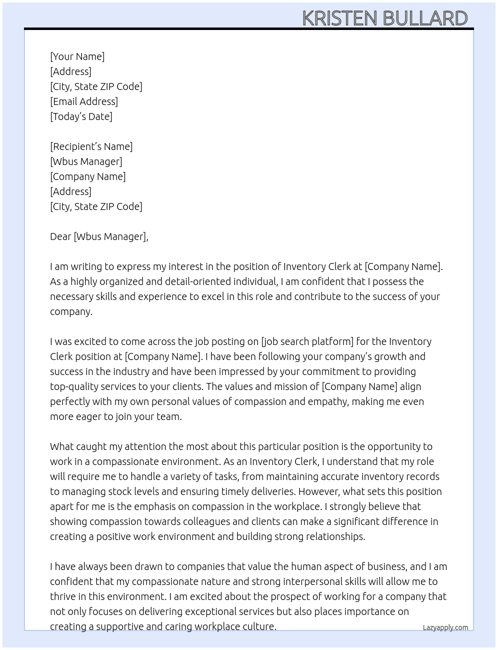 Inventory clerk  At Wbus Cover Letter