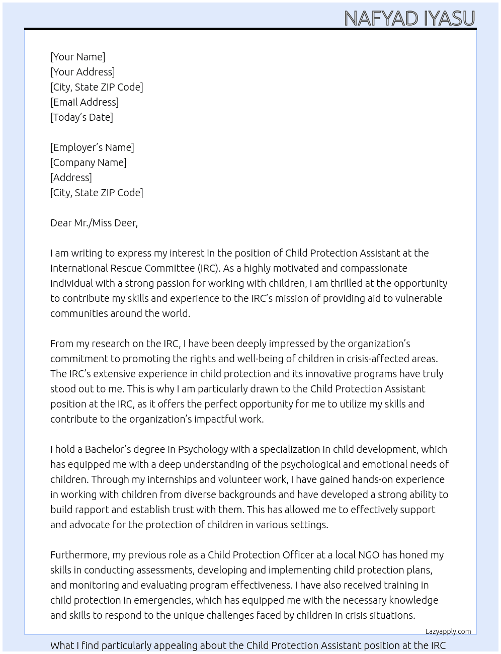 Child protection Assistant   At International Rescue Committee - IRC Cover Letter