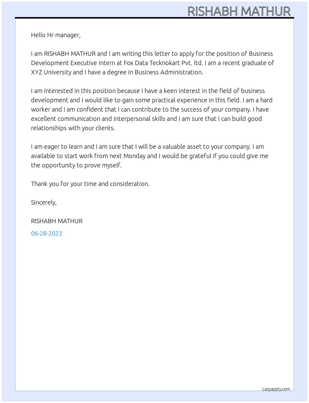 Business Development Executive Intern At Fox Data Tecknokart Pvt. ltd Remote Cover Letter