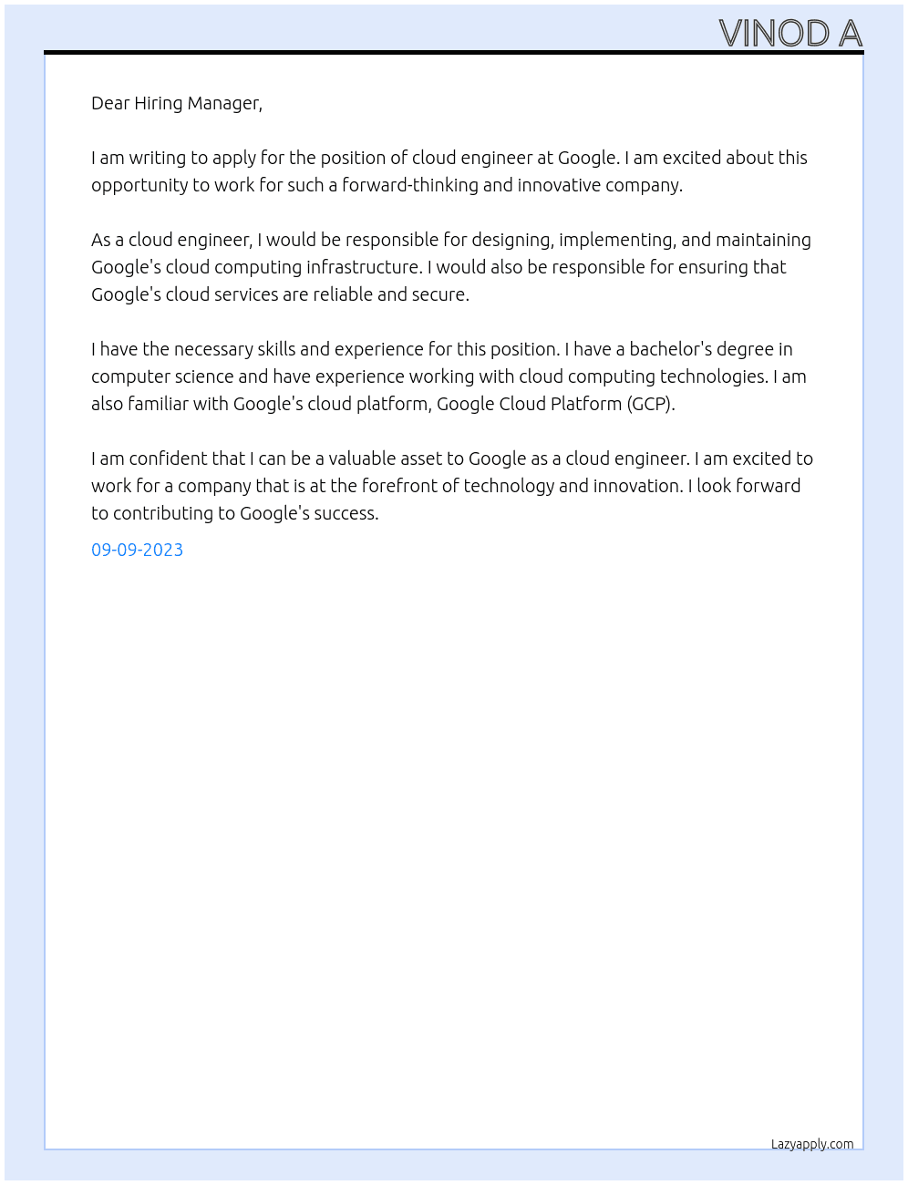 cloud engineer At Google Cover Letter