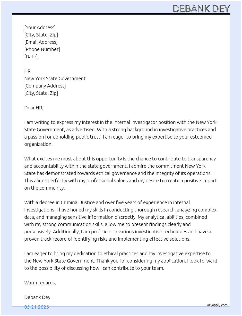 Cover letter for internal investigator - LazyApply