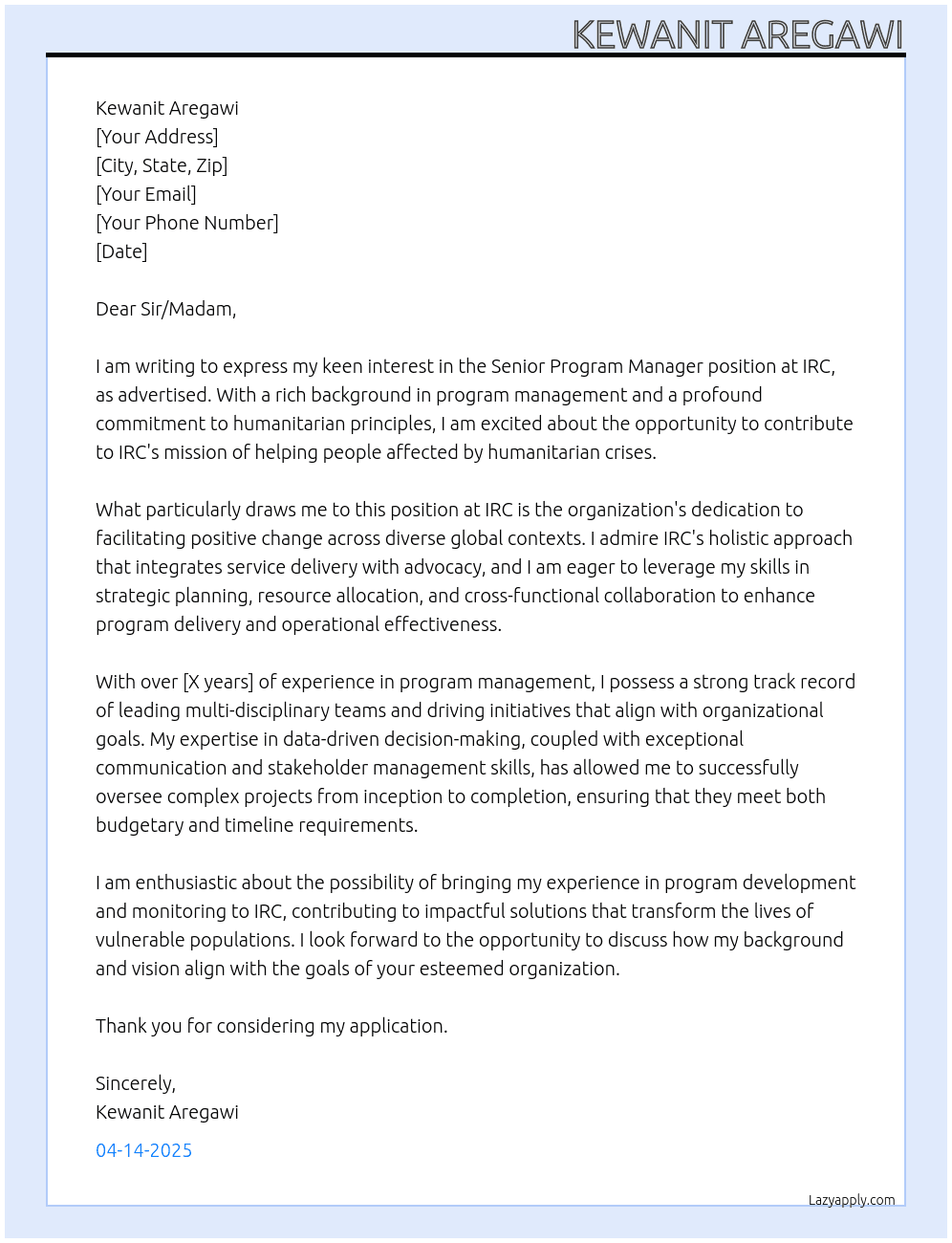 Senior Program Manager At IRC Cover Letter