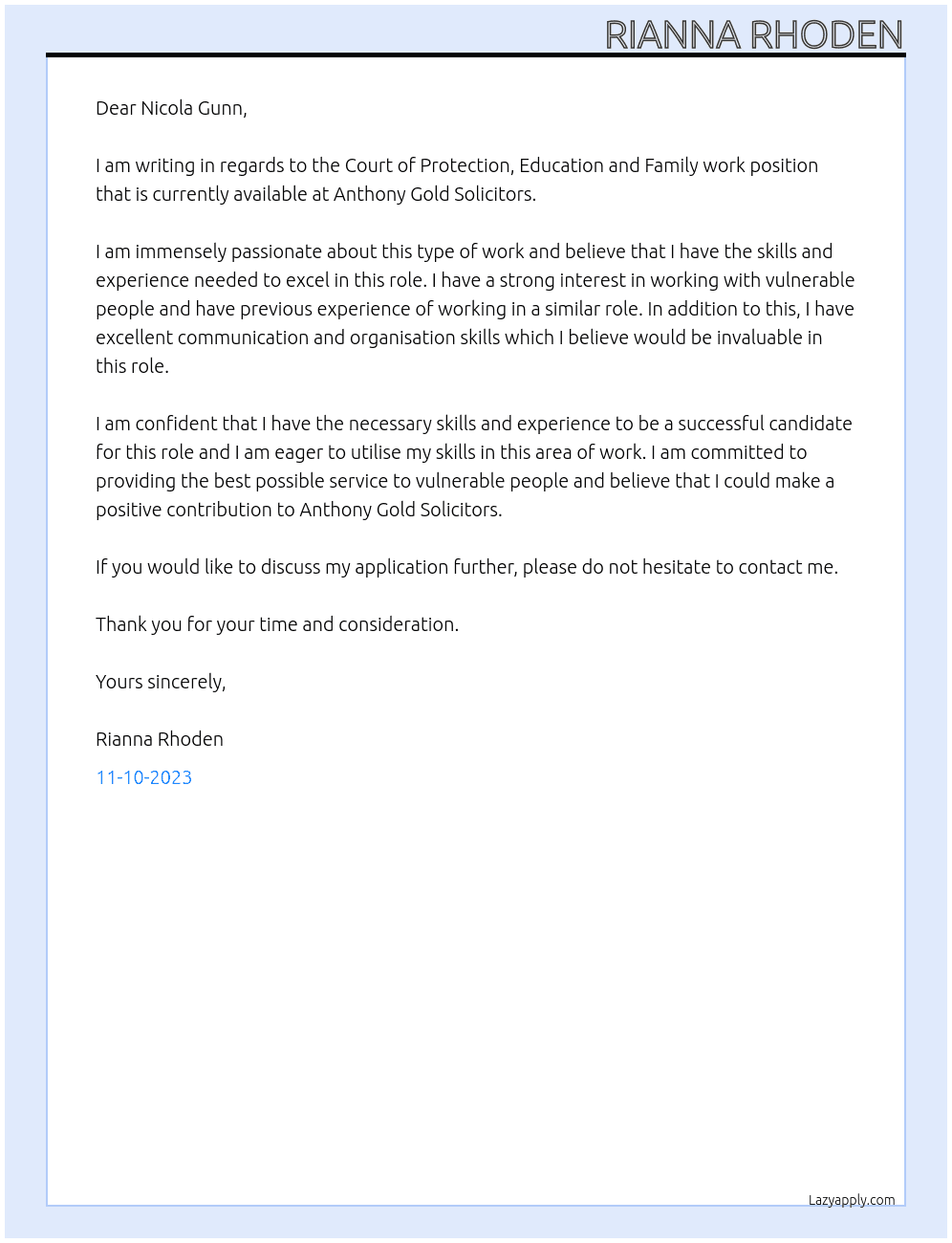Court of Protection, Education and Family work At Anthony Gold Solictiors  Cover Letter