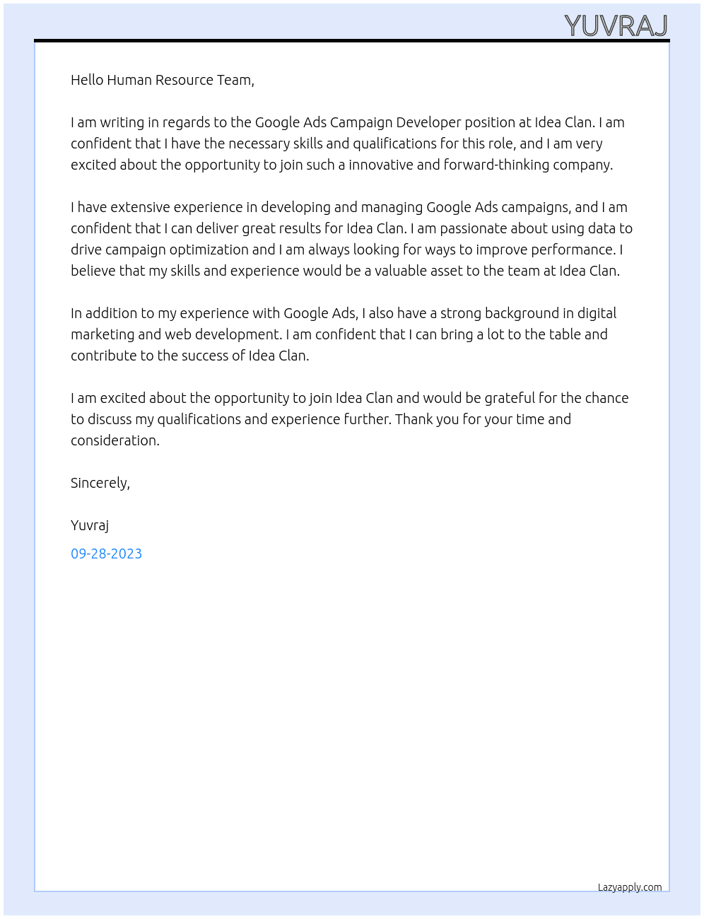 google ads campaign developer At Idea Clan Cover Letter