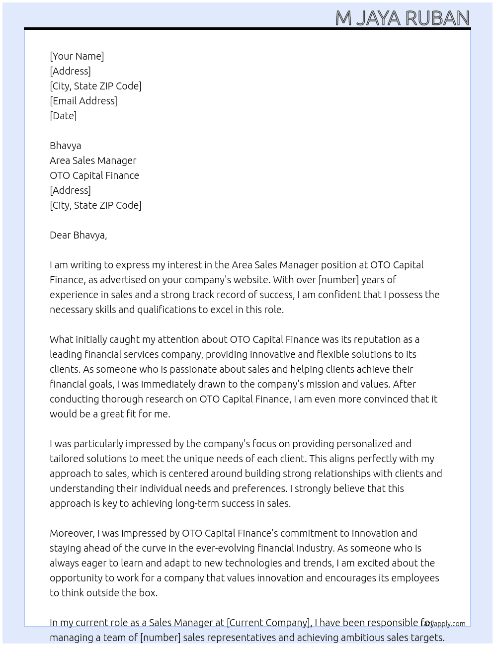 Area sales manager At OTO Captial Finance Cover Letter