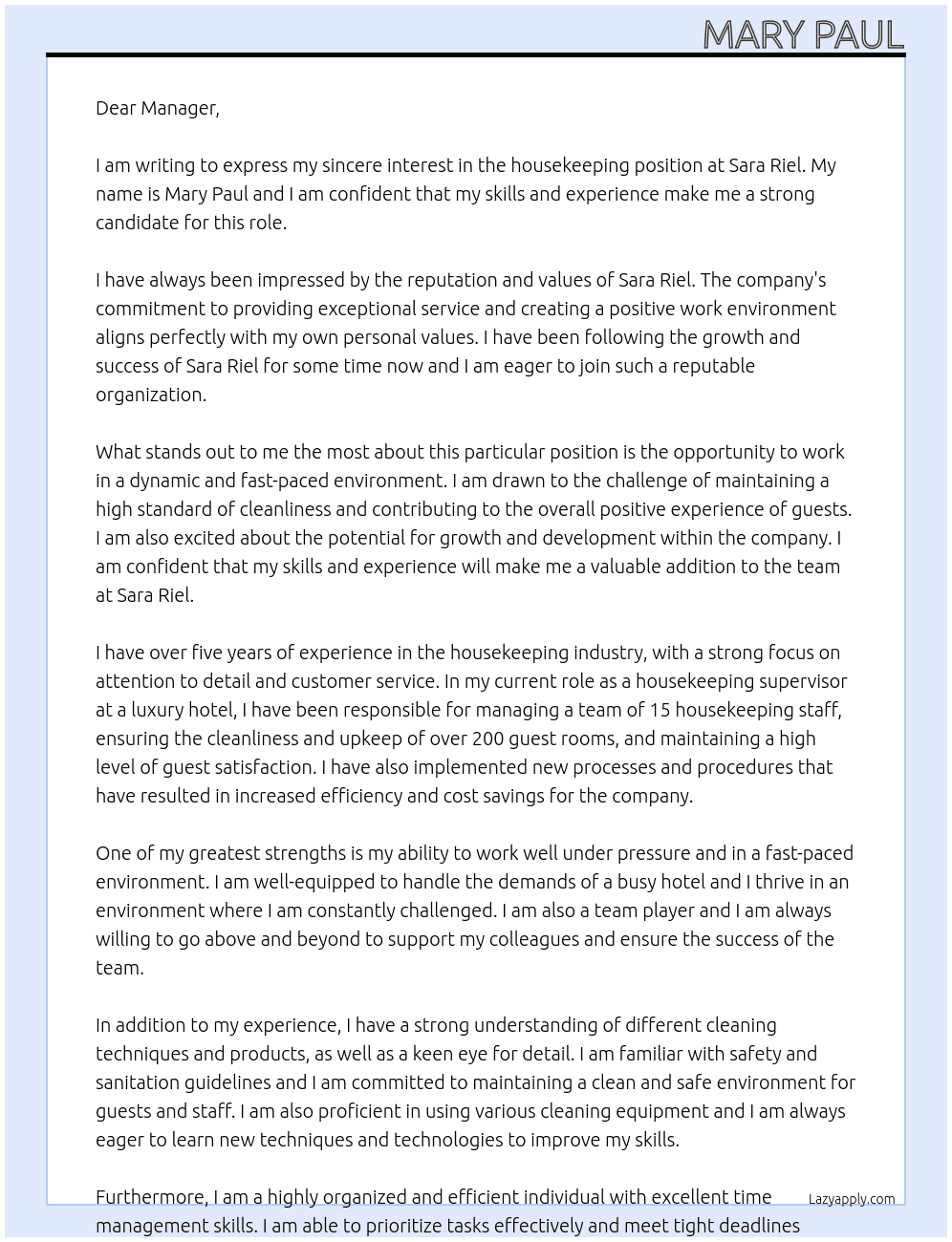 housekeeping  At Sara riel Cover Letter