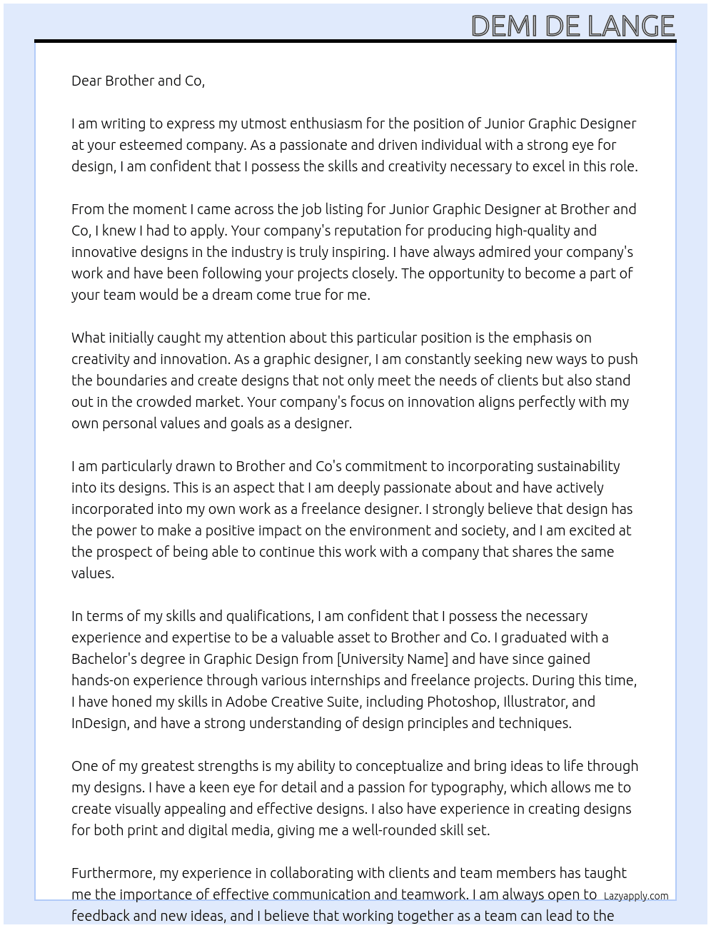 Junior Graphic Designer At Brother and Co Cover Letter