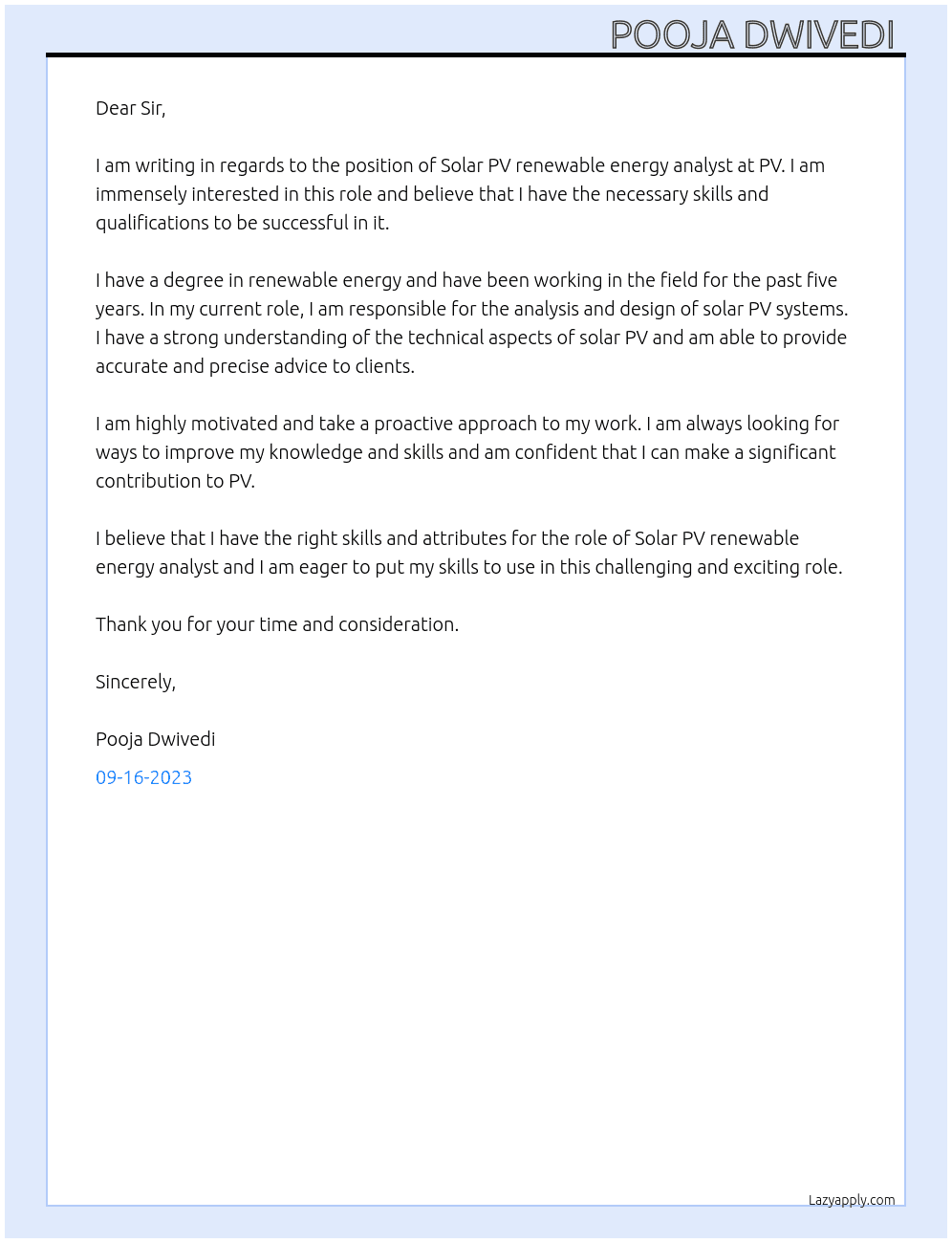 Solar PV renewable energy analyst  At PV Cover Letter