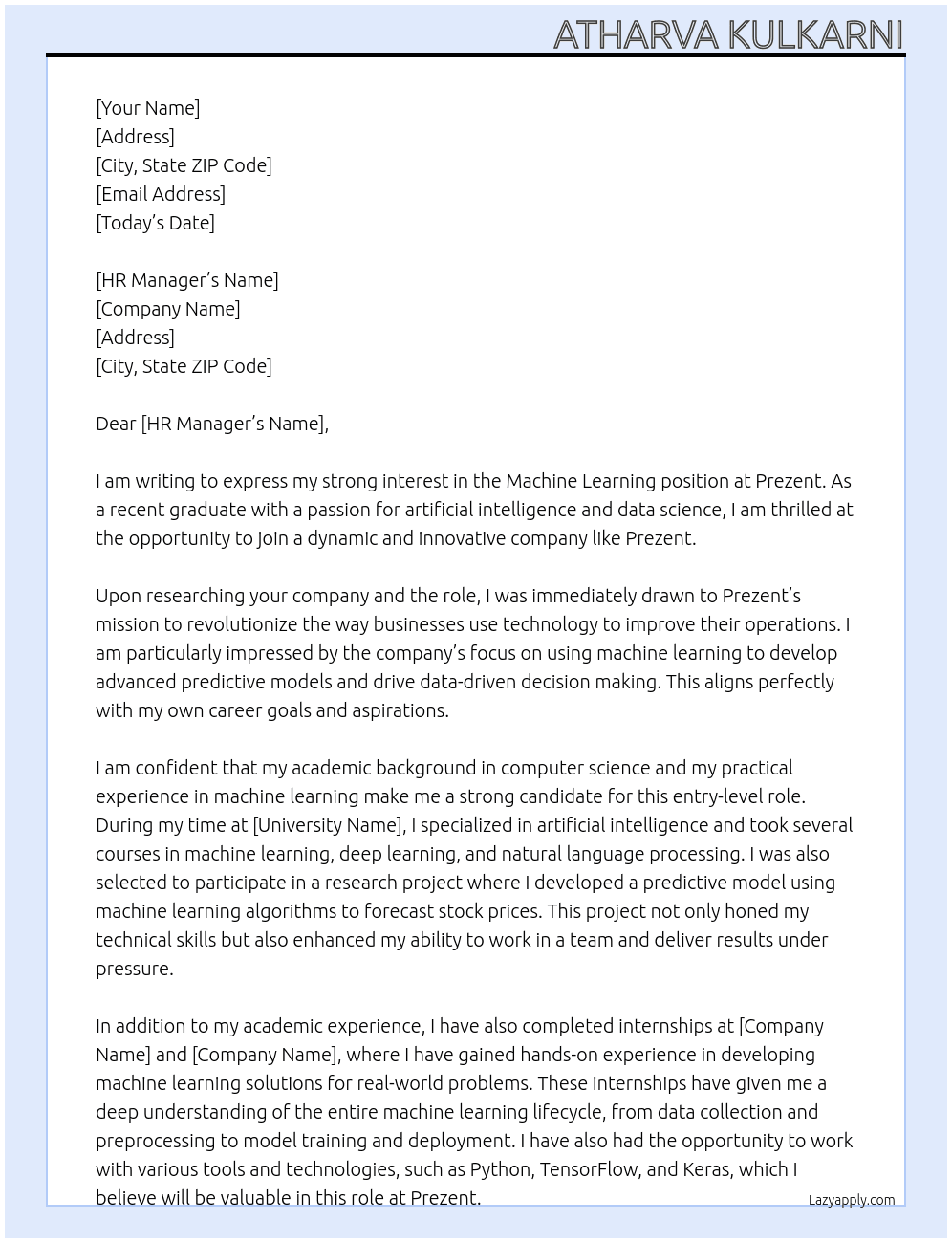 machine learning At prezent Cover Letter