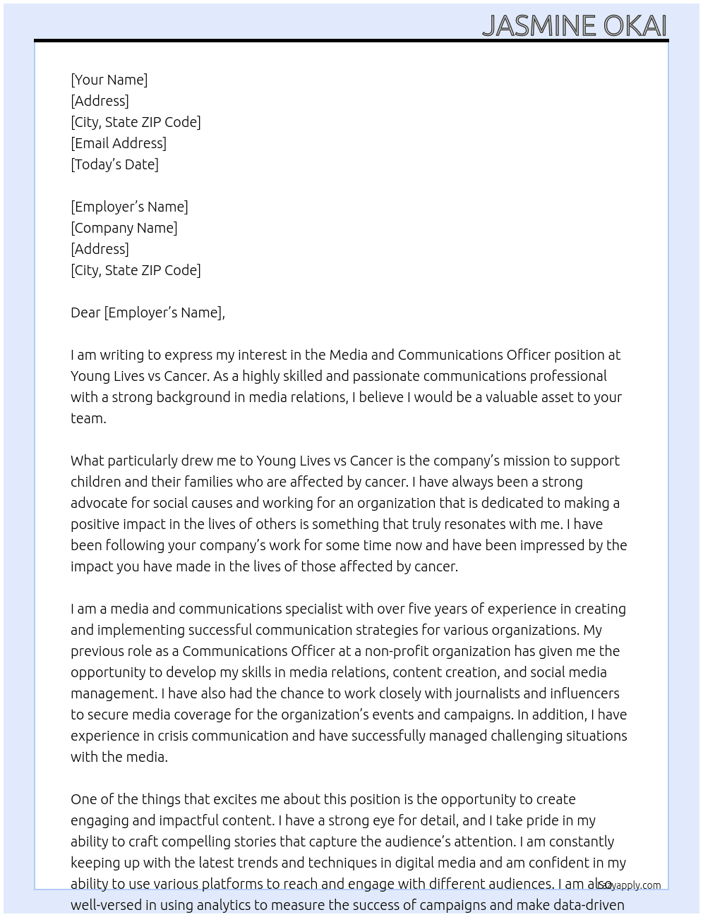 media and communications officer At Young Lives vs Cancer Cover Letter