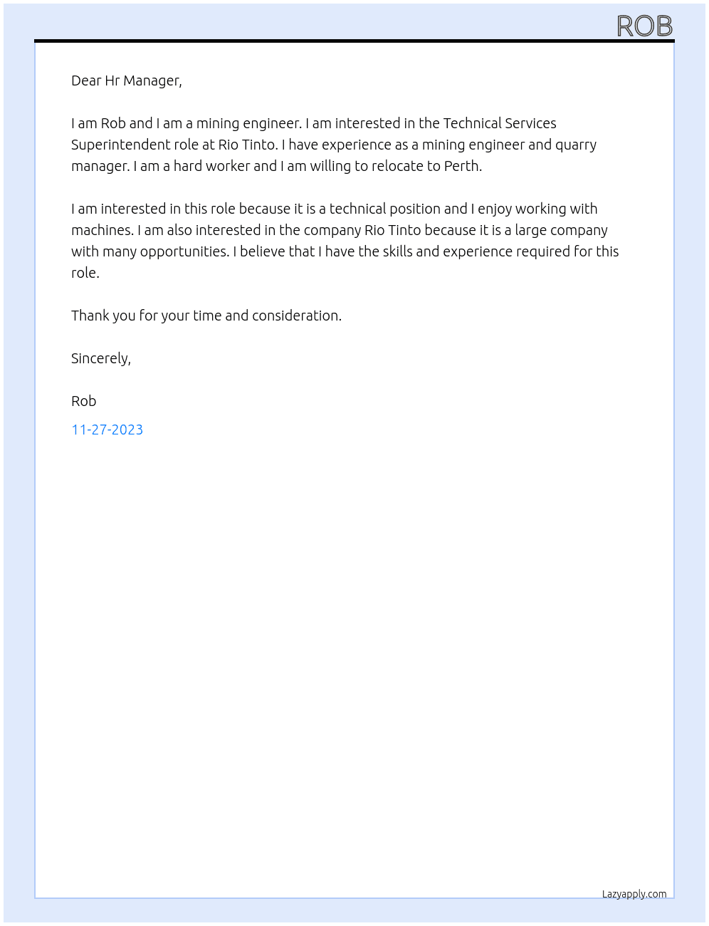Mining Engineer At Rio Tinto Cover Letter