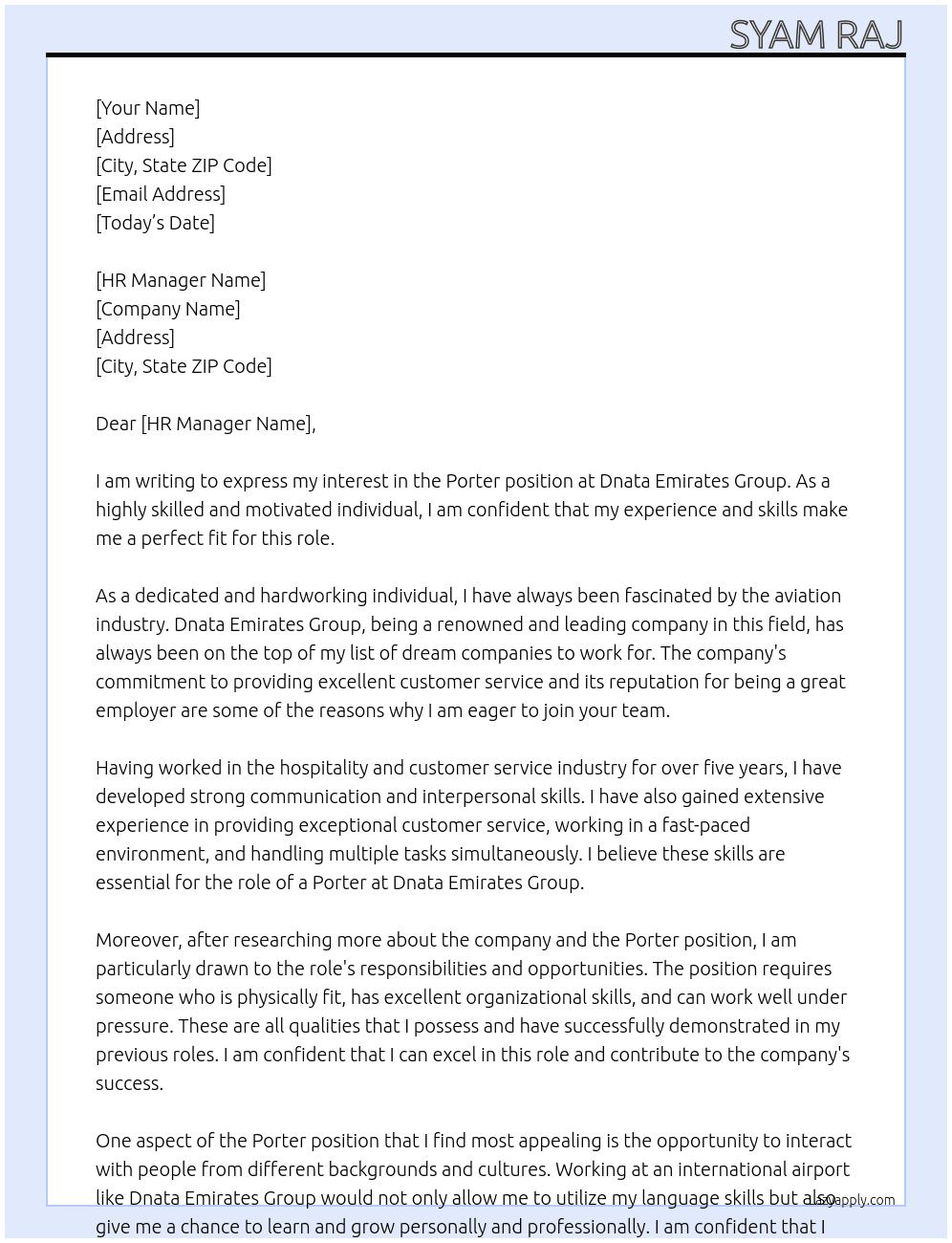 Porter  At Dnata Emirates group  Cover Letter