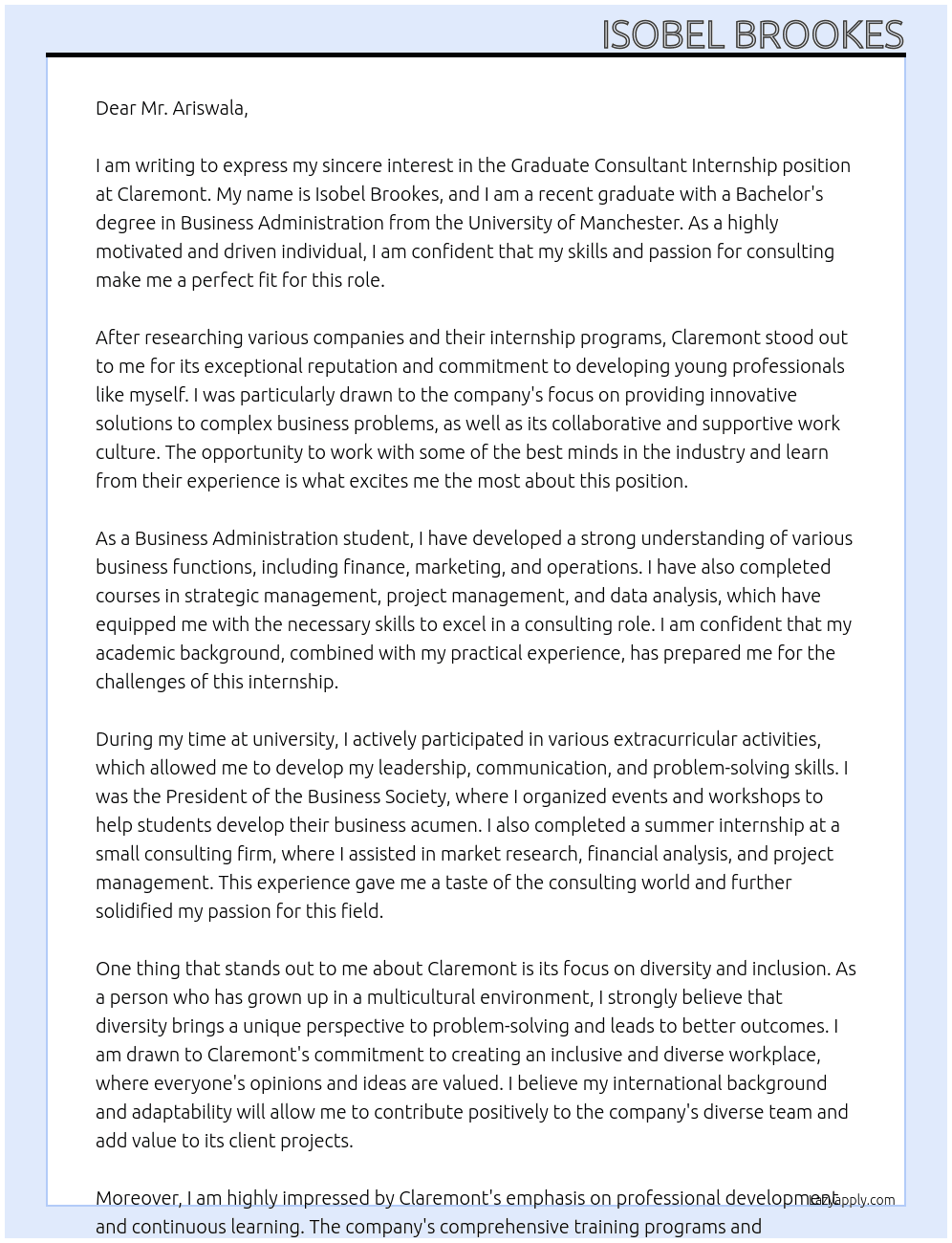 Cover letter for graduate consultant internship - LazyApply
