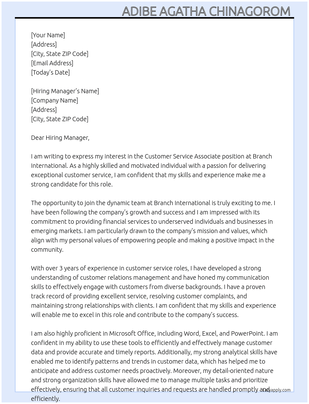 Customer service associate  At Branch international  Cover Letter