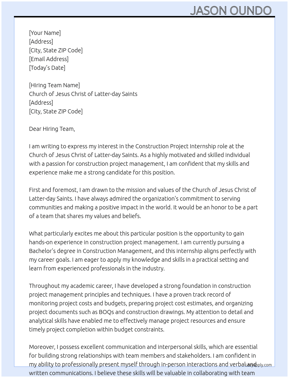 Construction Project Intern At Church of Jesus Christ of Latter-day Saints Cover Letter