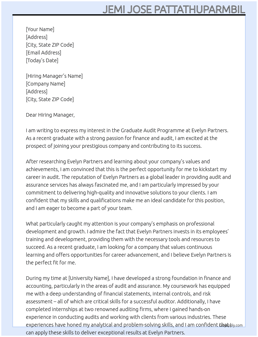 Graduate Audit Programme At Evelyn Partners Cover Letter