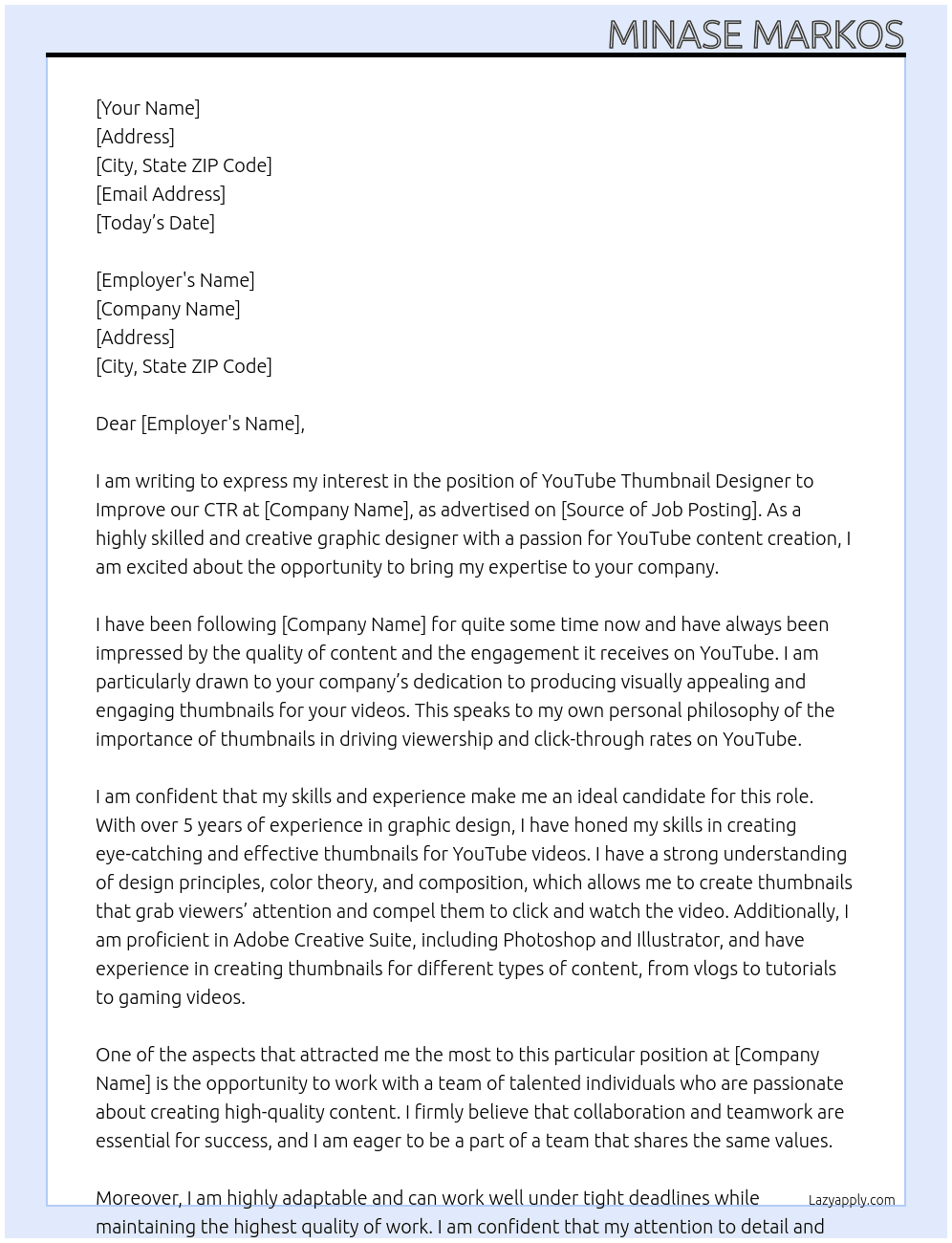 YouTube Thumbnail Designer to Improve our CTR  At For YouTube Thumbnail Designer to Improve our CTR  Cover Letter