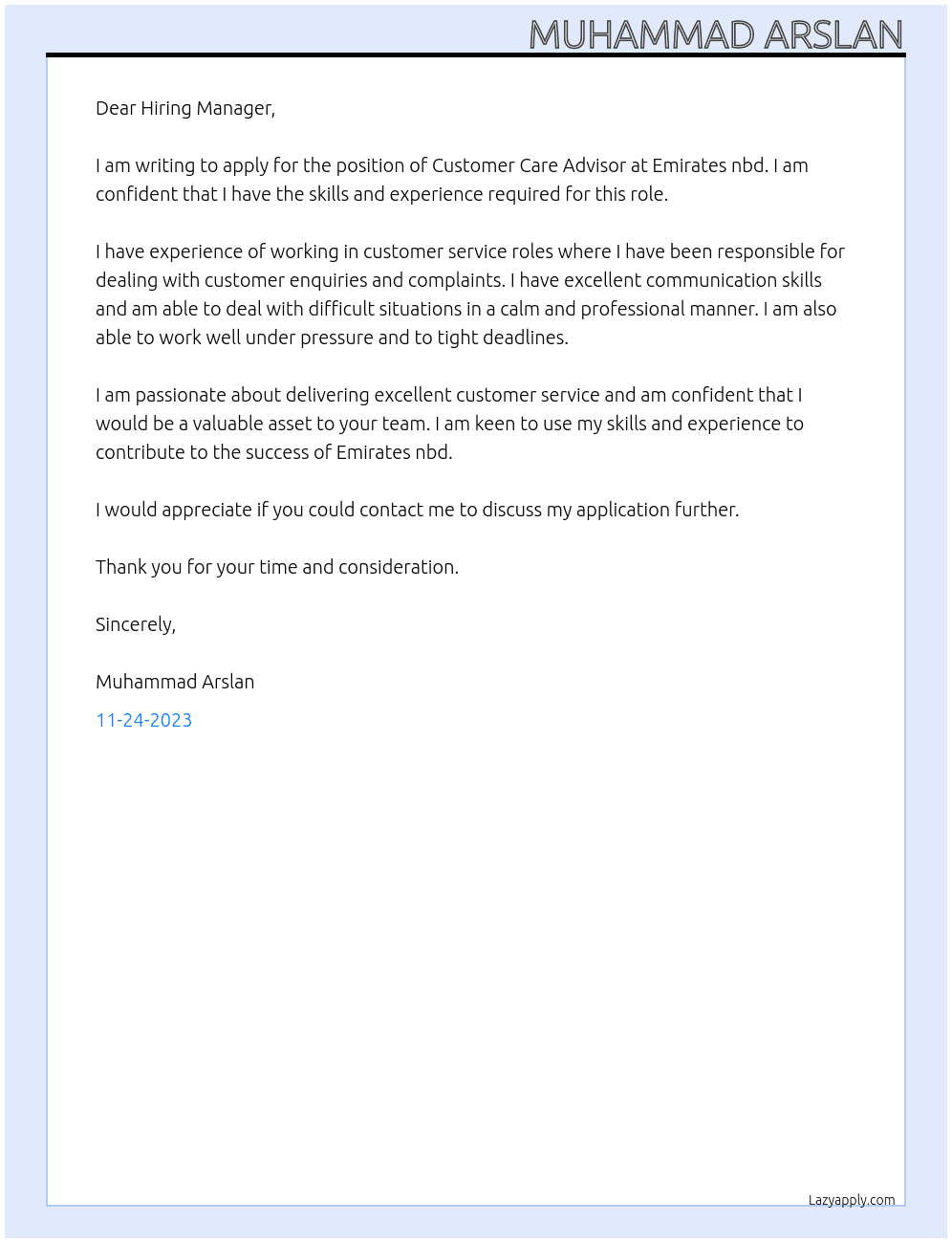 Customer Care Advisor  At Emirates nbd  Cover Letter