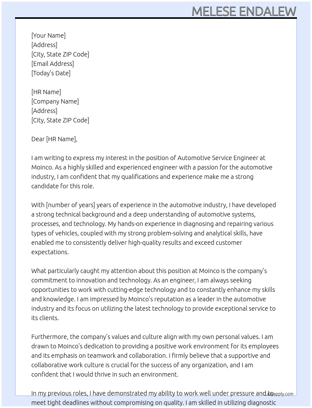 automotive service engineer  At moinco Cover Letter