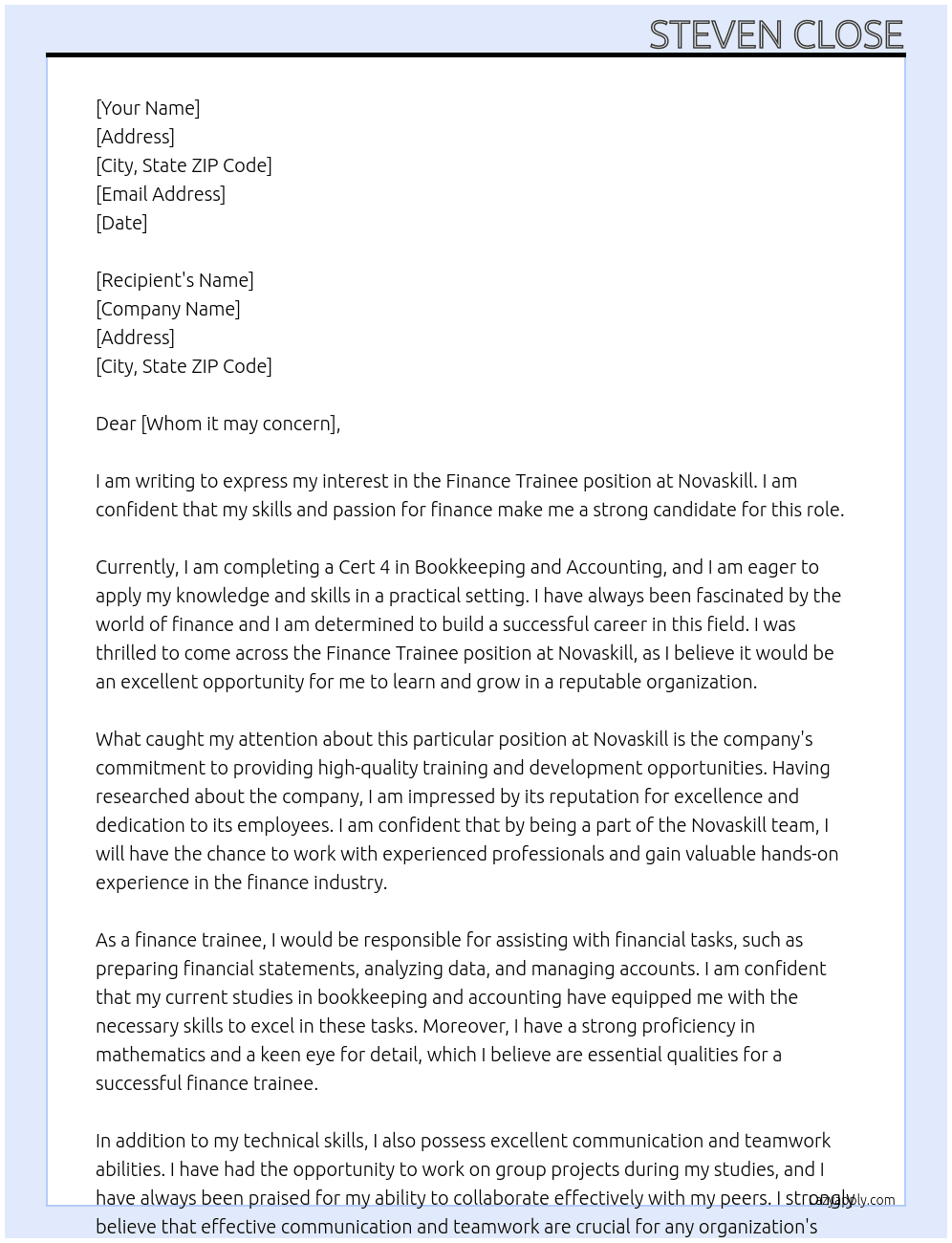 Finance Trainee At Novaskill Cover Letter