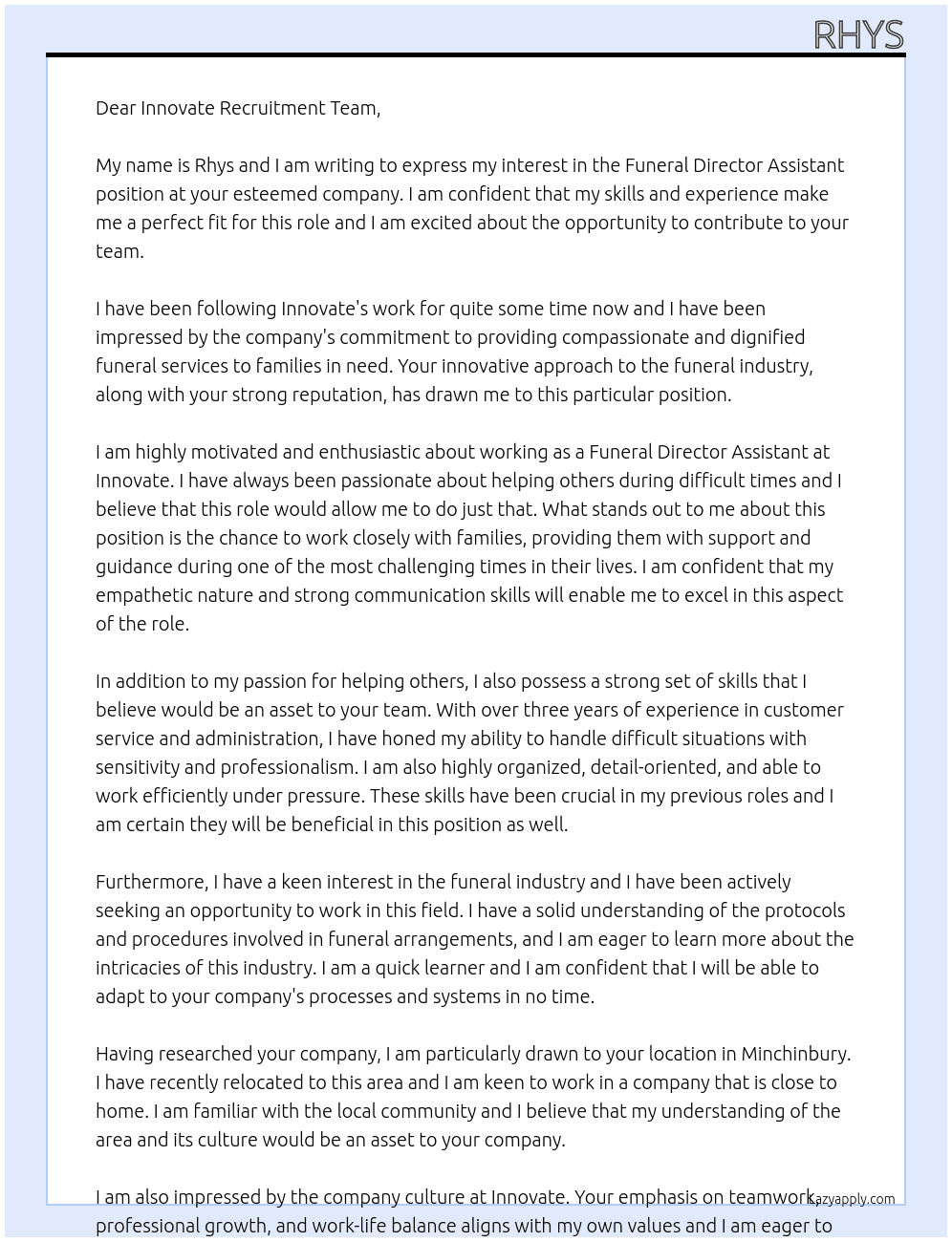 Funeral director assistant At Innovate Cover Letter