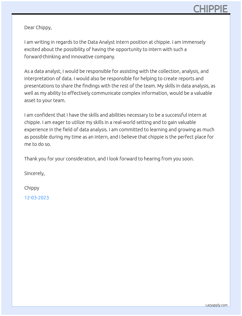 Data Analyst intern At chippie  Cover Letter