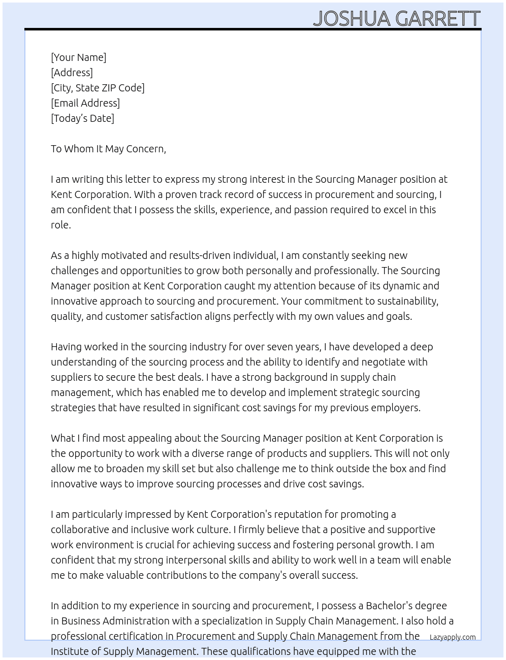Sourcing Manager At Kent Corporation Cover Letter
