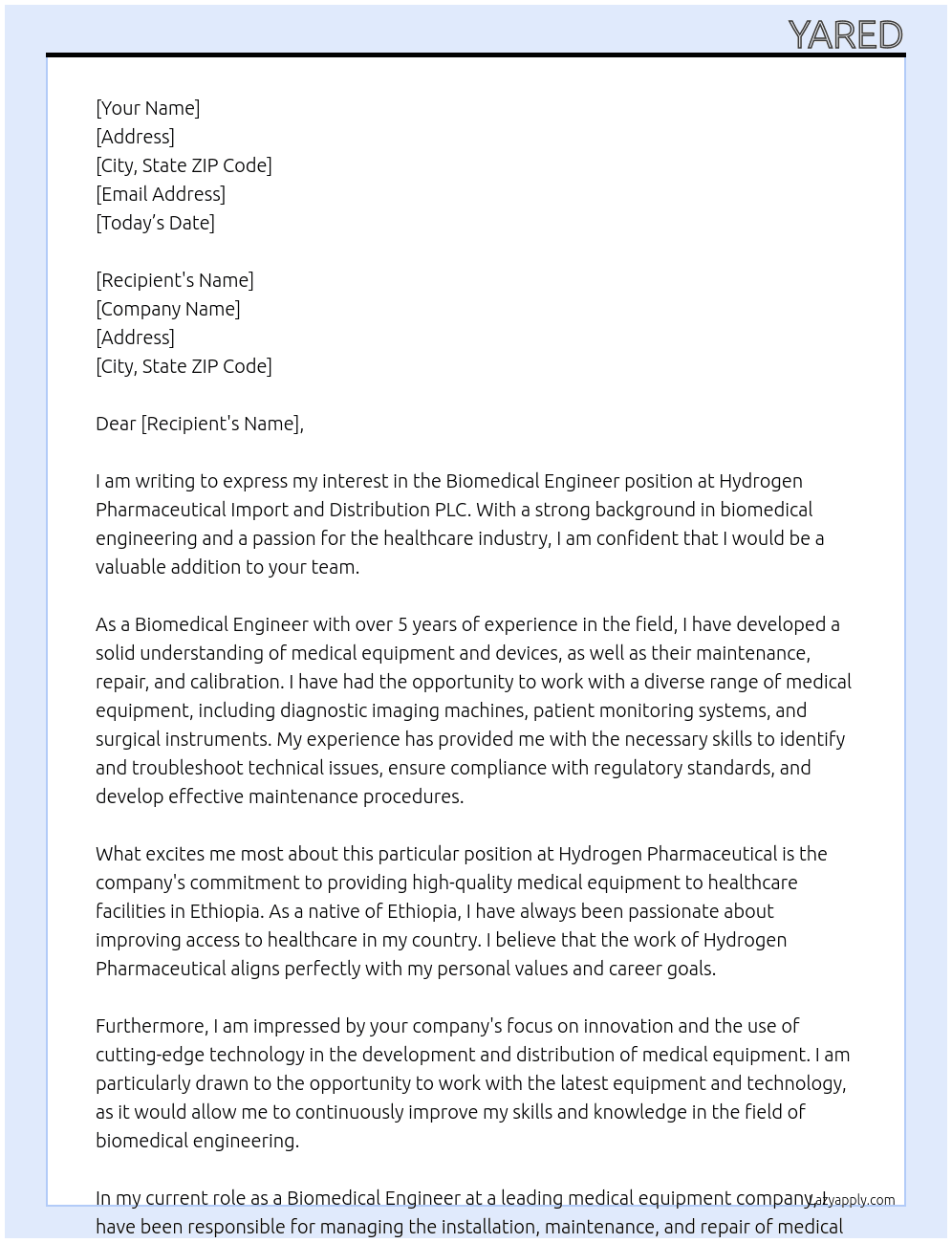 Biimedical Engineer At Hydrogen pharmaceutical import and distribution plc Cover Letter