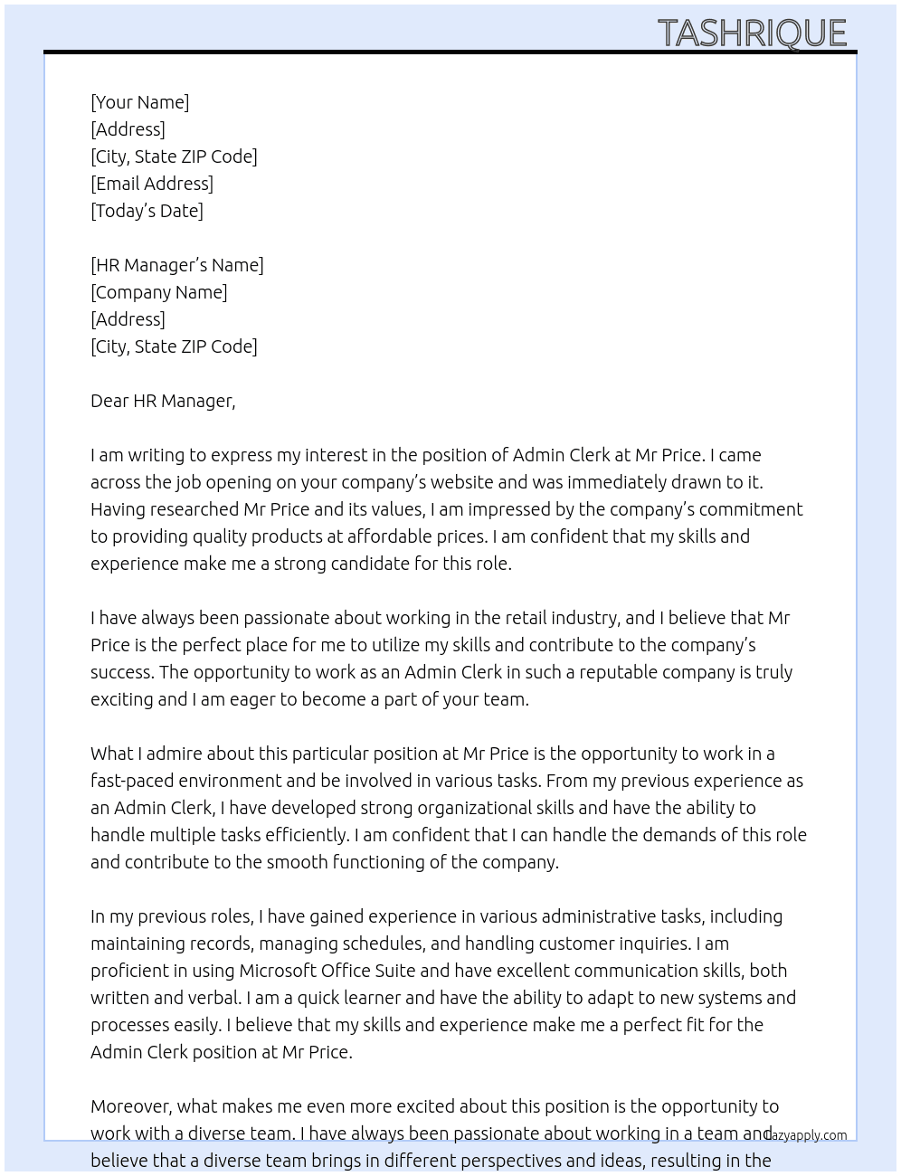 Admin clerk At Mr Price Cover Letter